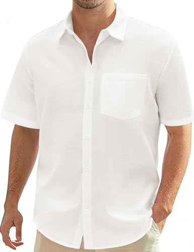 Lonya Camisa de Lino Hombre Camisa de Manga Corta con Botones Verano Regular Casual Algodón Camisas con Bolsillo de Playa Vacaciones, Blanco, M