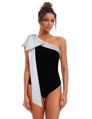 FLAXMAKER One Shoulder Black and White Big Bow Tie Color Block One Piece Vacation Beach Swimsuit and Skirt2