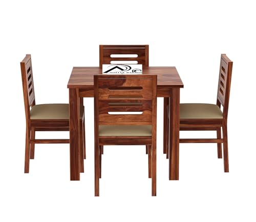 Image of AADITYA WOODS Solid Sheesham Wood 4 Seater Dining Table with Chair Set for Living Room | Wooden Dining Room Set (This is Right Size for Table- 86x86x76 cm) - Honey & Cream