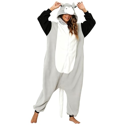 AMAMHAHAVA Opossum Onesie Pajamas for Adults Halloween Possum Costume Animal Cosplay One-Piece Pajamas