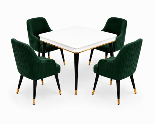 Image of WOODEN SPACE 4 Seater Wooden Dining Table Set | Urban Marble Top Dining Table with Chairs for Dining Room & Kitchen (Modern Zyro Dark Green) (42 x 42 x 30 inch)