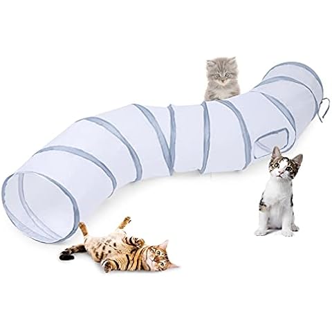 Sheldamy Cat Tunnel, S-2-Way Cat Tunnels for Indoor Cats, Collapsible Cat Play Tunnel, Interactive Toy Maze Cat House with 1 Play Ball for Cats, Puppy, Kitty, Kitten, Rabbit (White & Gray) Cover
