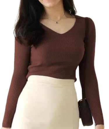 Casual Full Sleeve V Neck Ribbed Top for Girls – Comfortable Lycra Knitted Top