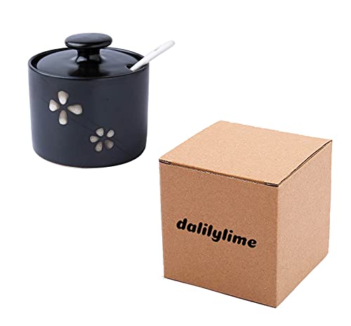 Dalilylime Simple Japanese Style Ceramic Floral Sugar Bowl Saltbox with Lid and Spoon 10 Ounces