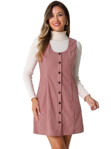Allegra K Women's Corduroy Button Down Scoop Neck Pockets Casual Pinafore Overall Dress Pink L