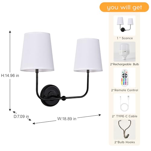 Image of Double-Headed No Hardwired Wall Sconce, Rechargeable Battery-Powered, Remote Controlled, Dimmable, Easy Installation, 5200 mAh, Wall Light Ideal for Bedroom, Living Room, and Ambient Lighting