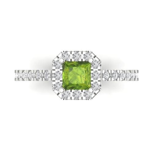 Clara Pucci 0.89 CT Princess Cut Natural Peridot Ring for Women in 14K White Gold, Halo Proposal Wedding Anniversary Designer Bridal Ring, Womens Solid Gold Ring