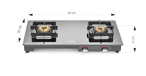 Image of Sujata Regal Manual Gas Stove 2 Burners Glass Top | 9 Years Warranty | Gas Stove with Brass Burners | SABAF Technology | ISI Certified | LPG & PNG Compatible | 360 Rotating Brass Nozzle (Black)