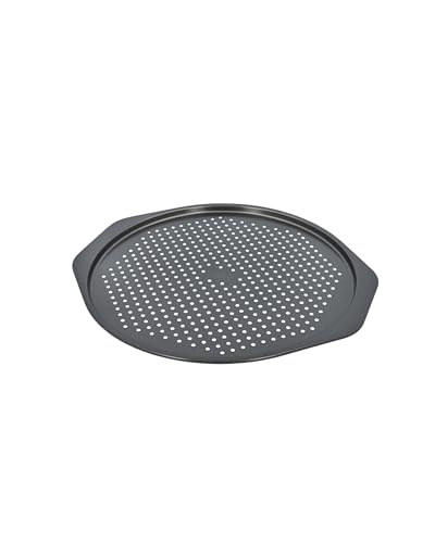 Birkmann, Laib & Seele, rundes, perforiertes Flammkuchenblech Ø 32 cm, für knusprige Böden, aus hochwertigem Karbonstahl, Antihaftbeschichtung, mit seitlichen Griffflächen und Rezeptvorschlag, 210431