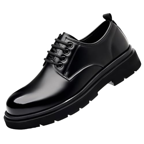 Image of Men's Vintage Leather Lace Up Platform Oxfords Shoes Black Round Toe Soft Rubber Sole Non-Slip Waterproof Business Formal Derby Dress Shoes