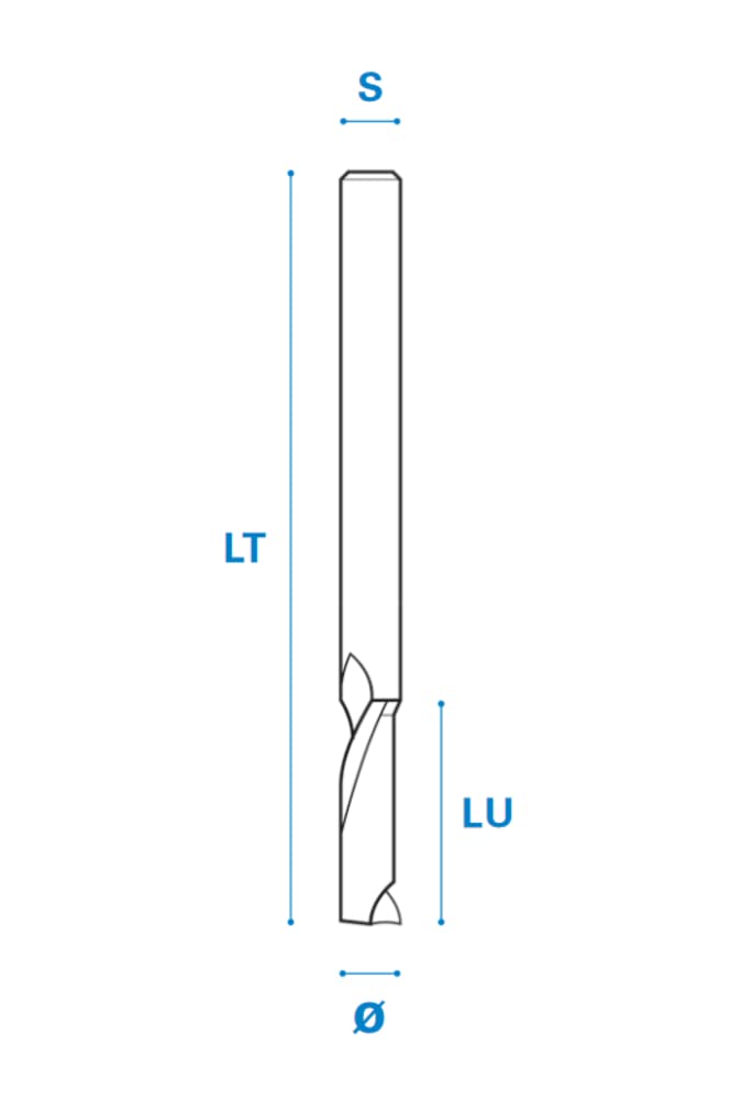 Fresa unidencial para aluminio de metal duro, derecha, filo 1, positivo, longitud de trabajo 22 mm, longitud total 70 mm, vástago 10 mm