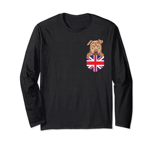 United Kingdom Flag Usa Staffordshire Terrier Dog In Pocket Long Sleeve T-Shirt, Black