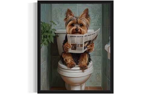 Image of Yorkshire Terrier on Toilet Black Framed Wall Art Print Poster, Dog Bathroom Humor Decor Posters Prints for Restroom Home Picture Painting Artwork Gallery 7 (Yorkshire Terrier, 14 inchL x 11 inchW, Black Frame)