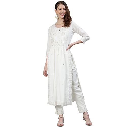 Image of Ishin Women's Pure Cotton Straight Embroidered Zari Floral Print Off White Kurta Suit Set with Trouser