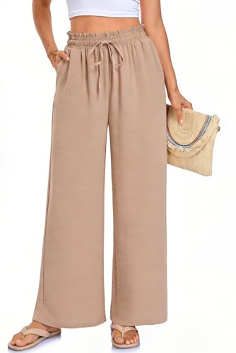 Arolina Plus Size Pants for Women Drawstring Waist Wide Leg Palazzo Beach Pants with Pockets (Regular,Petite) Khaki