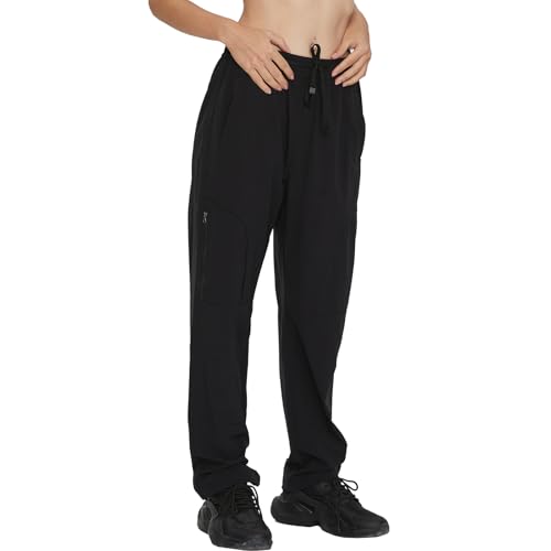 feitycom Women's Hiking Pants Quick Dry Lightweight Water Resistant Cargo Pants Elastic Waist Workout Travel Outdoor Zipper Pockets Black