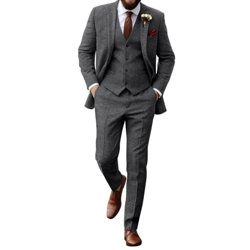 Mens Wool Tweed Herringbone 3 Piece Casual Suit for Wedding Retro Vintage Formal Suit Jacket Vest Pants Set