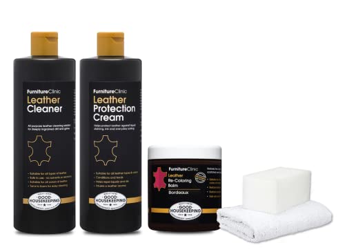 Furniture Clinic Leather Complete Restoration Kit | Includes Leather Recoloring Balm, Leather Cleaner, Protection Cream, Sponge & Cloth | Restores & Repairs (Bordeaux) #TOP18