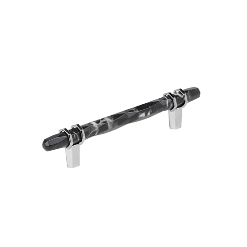Image of Amerock 5-1 /16 inch Carrione Marble Black /Polished Chrome Drawer Pull | 5-1 /16 inch (128mm) Center-to-Center Mounting Distance and 7-1 /2 inches Overall Length, Durable Zinc Cabinet Hardware