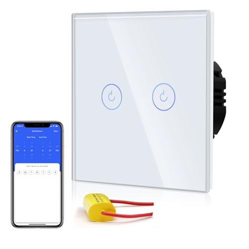 BSEED Interruptor de Táctil WIFI Inteligente, Interruptor de Luz de Pared con Panel de Cristal Compatible con Alexa/Smart Life/Tuya (No Necesita Cable Neutro) 2 Gang 1 Vía Blanco