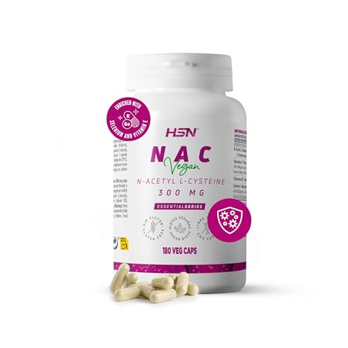 HSN NAC (N-Acetil-L-Cisteína) 300 mg | 180 Cápsulas Vegetales | Fórmula enriquecida con Vitamina E, Riboflavina y Selenio | No-GMO, Vegano, Sin Gluten