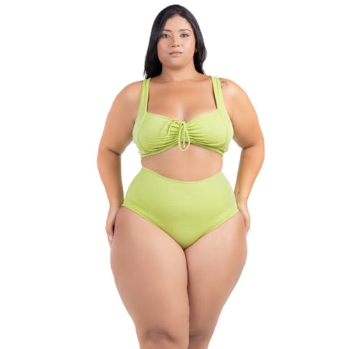 Biquíni Plus Size Feminino Bojo Franzido Calcinha Hot Pant Alças Largas Moda Praia Modela Cintura Al