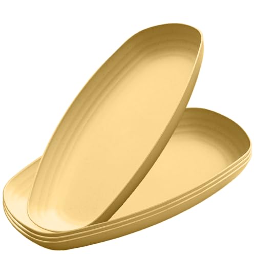 Image of Wheat Straw Oval Food Storage Plates Lightweight Kitchen Tableware for Fruit, Dessert, Snacks, Cereal, Pasta, Salad, Dessert, Dishes, Sushi, Cake Dishwasher Microwave Safe (Yellow, Pack of 4)