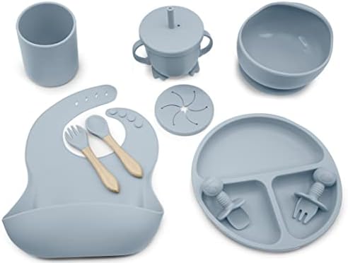 Blue Gray-10 Piece Silicone Baby Feeding Set-Baby Led Weaning Supplies-Baby Eating Supplies, Baby Plates/Toddler Plates, Bib, Sippy Cup, Baby Spoons First Stage 4 months, and Infant Silicone Fork