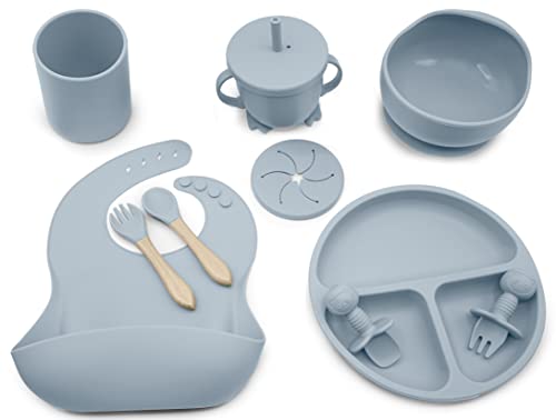 Blue Gray-10 Piece Silicone Baby Feeding Set-Baby Led Weaning Supplies-Baby Eating Supplies, Baby Plates/Toddler Plates, Bib, Sippy Cup, Baby Spoons First Stage 4 Months, And Infant Silicone Fork #TOP18