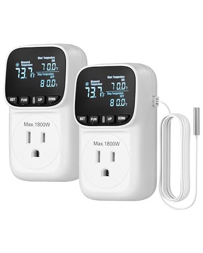 DEWENWILS Digital Temperature Controller, 2 Pack15A/1800W Thermostat Outlet Plug, VA Display Heating Cooling Control Timer, -40℉~210℉, Cyclic Timing/Countdown, for Greenhouse Incubator Homebrew