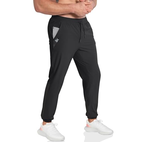 BROKIG Mens Contrast Gym Joggers Pants,Casual Athletic Jogging Tracksuit Bottoms Running Sports Trousers with Zipper Pockets(S,Black)