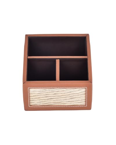 Image of Premsons Remote Holder - 3 Section Tabletop Organizer in Light Brown | Faux Leather with Refined Wooden Finish | Decorative & Practical Organizer - Orange