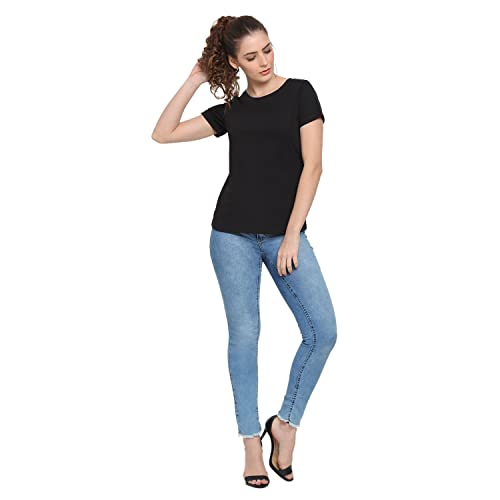 Image of UnaOne Women Black Cotton Plus Size Slim Fit Round Neck Summer Regular and Plus Size Smart Tshirts