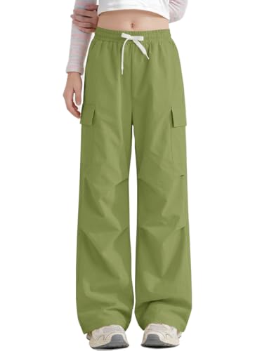 Haloumoning Girls Parachute Pants Kids Elastic Waist Wide Leg Cargo Pants Y2K Street Baggy Trousers with Pockets 5-14 Years Army Green