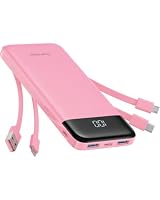 Charmast 10000mAh Power Bank Built in 4 Cables, Slim USB C Portable Charger, LED Display External Battery Pack with 6 Output and 3 Input, Compatible with iPhone, Samsung, Tablets and More(Pink)