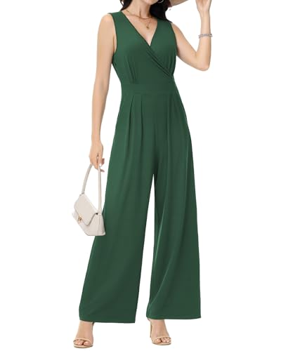 Tanmolo Damen Jumpsuit Elegant Festlich Sommer Ärmellos Overall Weites Bein Romper Mit Taschen Kurz Dunkelgrün, S