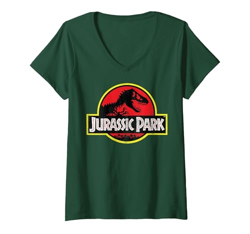 Image of Women's Jurassic Park Distressed Vintage Logo V-Neck T-Shirt, Dark Green, Medium