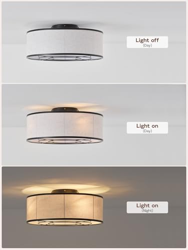 Image of 20 inch Black Low Profile Ceiling Fans with Lights, Boho Flush Mount Ceiling Fan with Light and Remote, Rattan with 6 Speeds for Bedroom, Nursery, Living Room