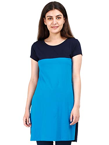 Image of FLEXIMAA Women's Cotton Round Neck Color Block Half Sleeve Long Top