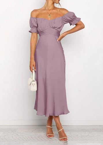 Image of KIRUNDO Women's Satin Summer Wedding Guest Cocktail Dress | 2026 Spring Fall Party Midi Dress, Silky, Elegant Off Shoulder Short Sleeve, Ruffle Mermaid Hem, Wrap Prom Formal Outfits