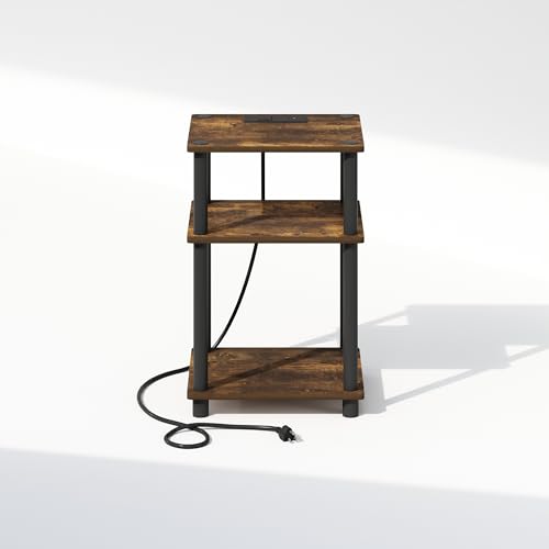 Image of Furinno JUST Night Stand, 3-Tier Turn-N-Tube Nightstand with Charging Station, Bedside Table, End Table, Side Table with USB and Type-C Port, for Bedroom, Closet, Dorm, Amber Pine