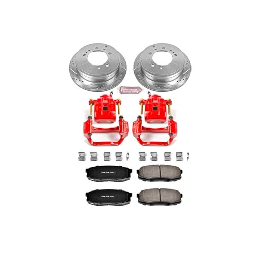 Image of PowerStop Rear Brake & Caliper Kit for Toyota Sequoia 2008-15 | Toyota Tundra 2007-15 - Carbon-Fiber Ceramic Brake Pads + Drilled & Slotted Rotors + Red Powder Coated Calipers, KC3073