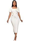 AOMEI Women White Sheath Formal Wedding Dress for Bride Short Sleeve Bodycon Midi Cocktail Evening Dresses with Flower (White,XL)