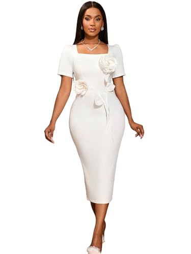AOMEI Women White Sheath Formal Wedding Dress for Bride Short Sleeve Bodycon Midi Cocktail Evening Dresses with Flower (White,L)
