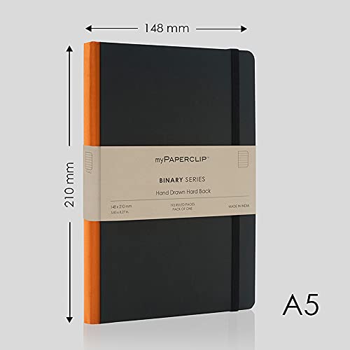 Image of myPAPERCLIP Binary Series - A5 Ruled Notebook | Italian Hardboard Cover | 192 Pages, 80 GSM Paper, A5 (5.83 x 8.27 in) | Thread Bound with Elastic Closure & Bookmark | Orange Spine