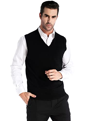 Kallspin Men's Cashmere Wool Blended Vest Sweater Relaxed Fit V Neck Sleeveless Knitted Vest Pullover (Black, X-Large) #TOP2