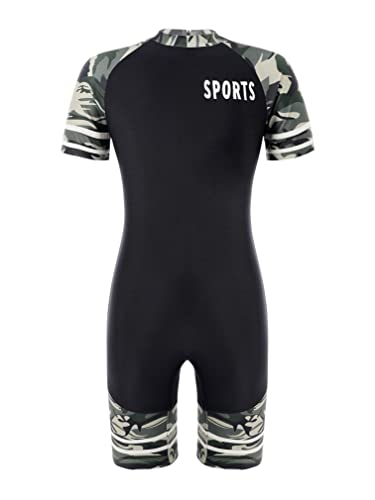 easyforever Kids One Piece Swimsuits Boys Wetsuits Short Sleeve Swimwear Surfing Swimming Diving Suit Black&Green Camouflage 6 Years