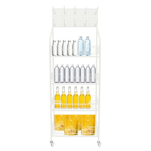 Beaccoss 4-Tier Storage Shelf Display Rack with Wheels & Hooks, Metal Retail Display Rack Stand, Snack Candy Display Rack Organizer, Basket Stand Cart (White)