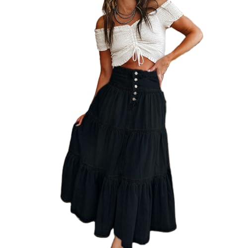 Mxiqqpltky Womens Maxi Denim Tiered Skirt Casual High Waisted Ruffle A Line Swing Jean Skirt Y2K Loose Pleated Flare Skirts