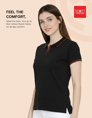 Image of Scott International Women's Cotton Polo T-Shirt | Half Sleeve Plain Collar Tee | Stylish Casual Top | Plain T-Shirt for Girls | Workwear for Office & Casual Wear